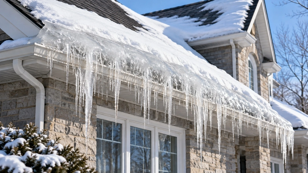 Glace formée sur le toit d'une maison, illustrant les effets de l'hiver sur l'architecture résidentielle.