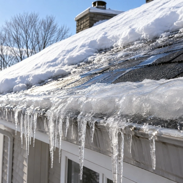 Glace sur le toit d'une maison avec des stalactites suspendues à la gouttière.
