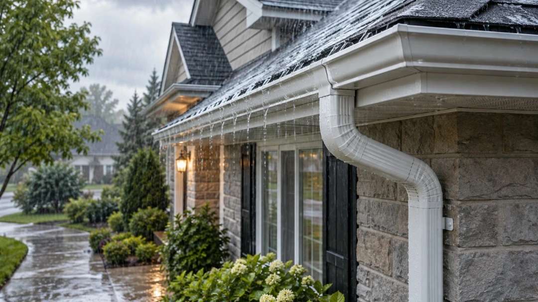 Une gouttière en métal installée sur le côté d'une maison, recueillant l'eau de pluie.