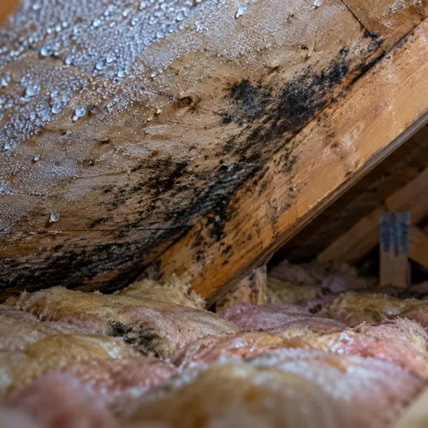 Moisissure visible dans un grenier, sur des poutres en bois et des surfaces, indiquant un problème d'humidité.