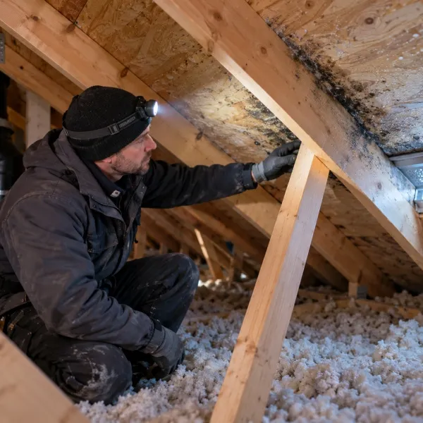 Un homme installe de l'isolation dans un grenier, portant des gants et un masque de protection.