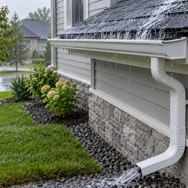 Une gouttière est installée sur le côté d'une maison, permettant l'évacuation des eaux de pluie.