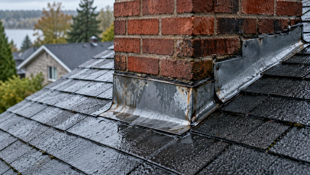Une cheminée avec un solin en métal, intégrée dans un toit, montrant des détails de construction et de protection contre l'eau.