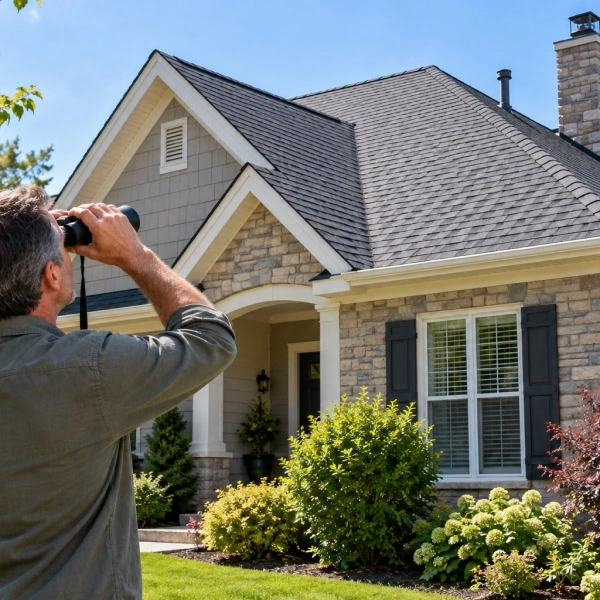 Un homme observe une maison à travers des jumelles.