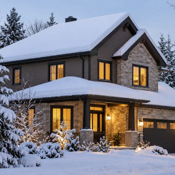 Grande maison entourée de neige, avec un paysage hivernal paisible et un ciel clair en arrière-plan.