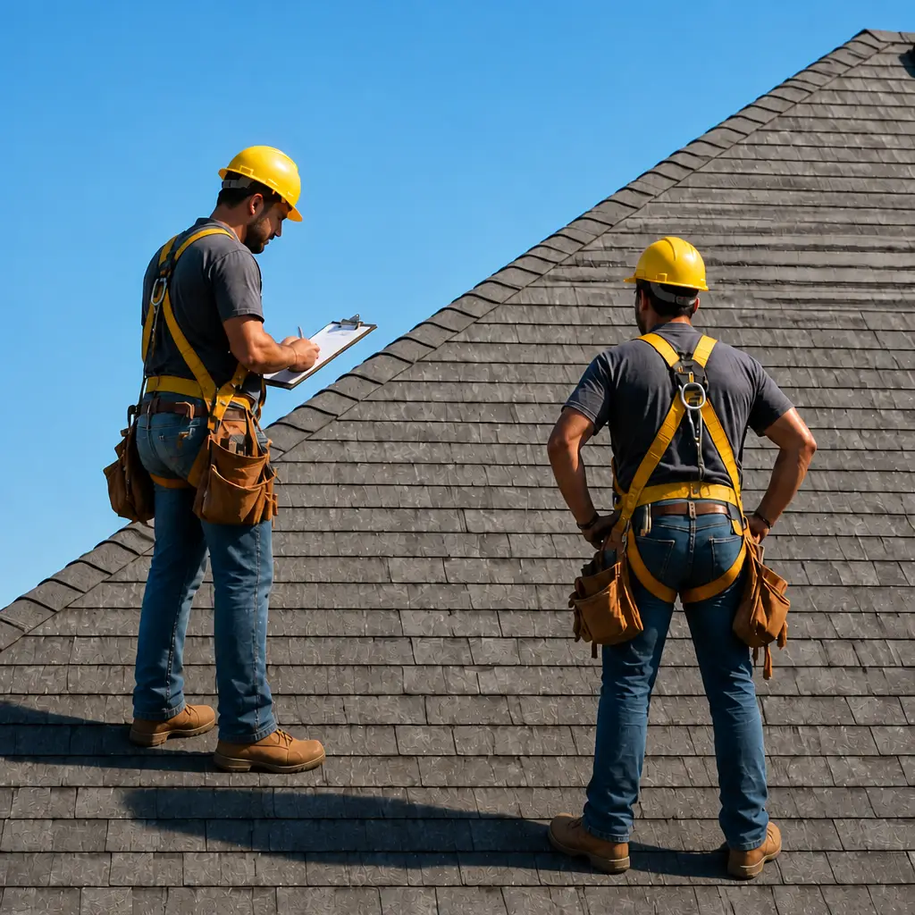 Deux hommes travaillant sur un toit